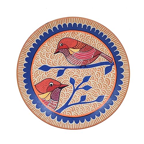 Image of AAKRITI ART CREATIONS Songbird Sonata Terracotta Wall Decor Plate, Pichhwai Art Wall Hanging Plate Set of 1, Blue Color | Glossy Finish Terracotta Wall | Home Items for Living Room, Bedroom, Office