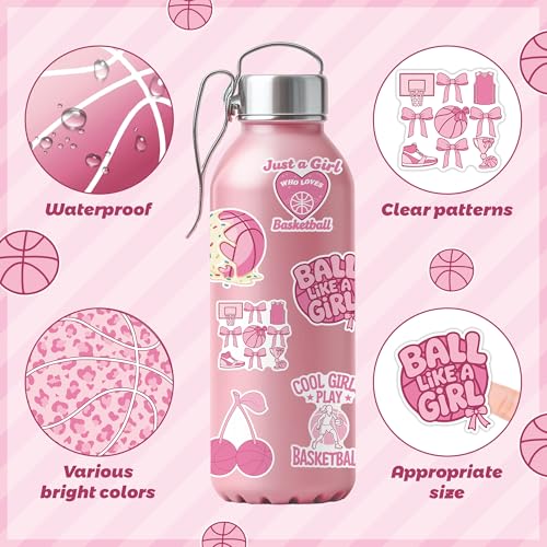 Image of Pink Basketball Stickers Roll - 16 Design Waterproof Vinyl Self-Adhesive Decals for Laptop Water Bottle Scrapbook Notebook Phone Case Skateboard Luggage DIY Craft Party Favors Gift Supplies