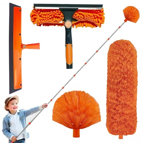 Plumero telescópico de 6 m, con plumero largo extensible de 1,5 a 4,9 m, cepillo de limpieza telescópico y cabezal de microfibra, limpiacristales con estropajo, cepillo de telaraña para huecos, techos