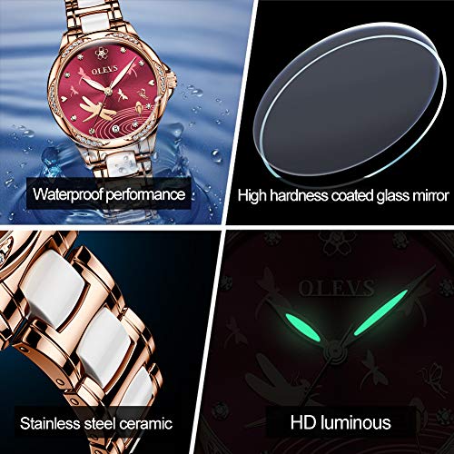 Image of OLEVS Lady Watch Automatic Fashion Bracelet Set Ceramic Analogue Diamond Elegant Dress Stainless Steel Date Rose Gold Wrist Watch for Women, Wine Red, strap