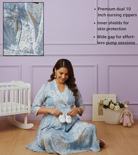 Image of DUMMY SHAPE Maternity Dresses for Women Cotton Blend | Floral Kurta Pant Dupatta Set with Nursing Zippers to Pre & Post Partum | Feeding Kurtis | Mom to Be Gifts for Pregnant Woman