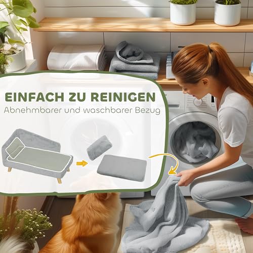 PawHut Hundesofa für mittelgroße Hunde, Hundebett mit abnehmbarem und waschbarem Kissen, Haustiersofa mit Holzbeine, mit Erhöhtem Design, 15 kg, Hellgrau