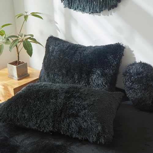 Fluffy Faux Fur Black Comforter Cover Queen Set – Plush Fluffy Black Bedding 3-Piece Set (1 Duvet Cover + 2 Furry Pillow Shams) Cozy Bed Set