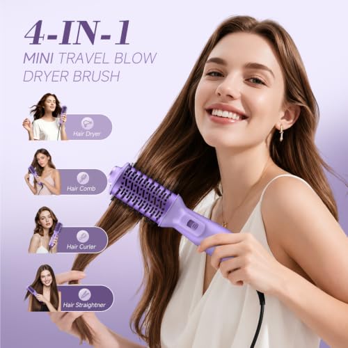 Image of PRITECH Auto Dual Voltage Hair Dryer Brush for Travel,Ionic Hair Styler | 110-240V Mini Hot Air Brush,Blow Dryer Brush in one,Volumizer Straightener Curler,Compact Lightweight Portable,Purple