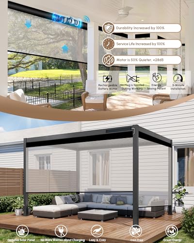 Image of Kincmo Motorized Outdoor Shades for Patio Porch, Custom Outdoor Motorized Blinds with Remote, Waterproof & Windproof Patio Shades Work with Apple Home,Alexa,Google (White-5% Openness)
