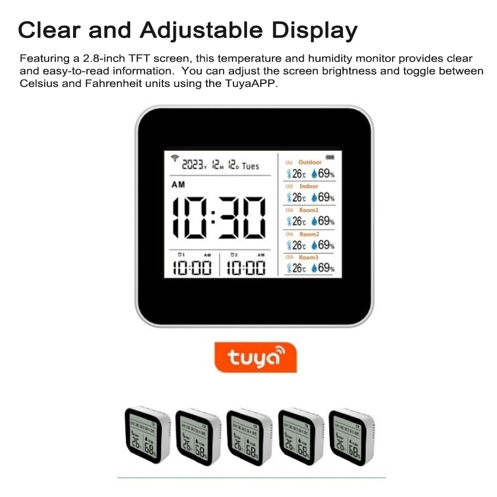 Termómetro Higrómetro Inteligente WIFI para Oficina en Casa, Monitoreo en Tiempo Real Medidor de Humedad de Temperatura 13 1 con Pantalla Hora/alarma, Material ABS Blanco (con 5 subunidades)