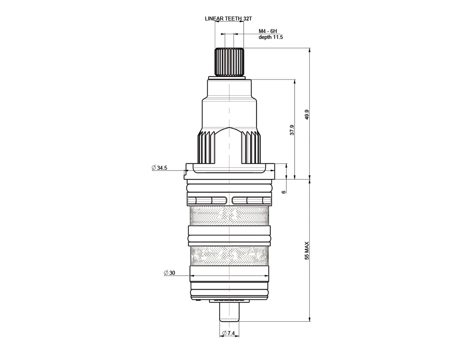 Cartouche thermostatique Vernet CA43-045 DA507874 pour mitigeur de douche, mitigeur thermostatique. CA43-045=32 dents