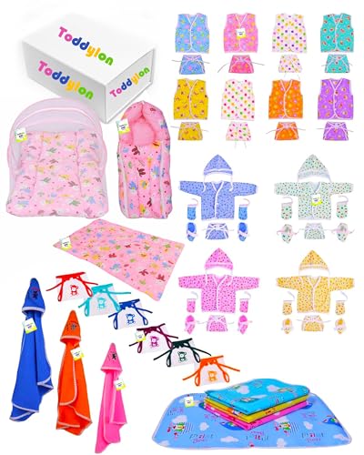 Image of Toddylon 56 in 1 New Born Baby Products All | Gift Packs | Maternity Kit | Baby Clothes | Baby Bedding Set | Essentials Items | Baby Shower | Combo Pack | Infants (Multicolor, 0-6 Months)
