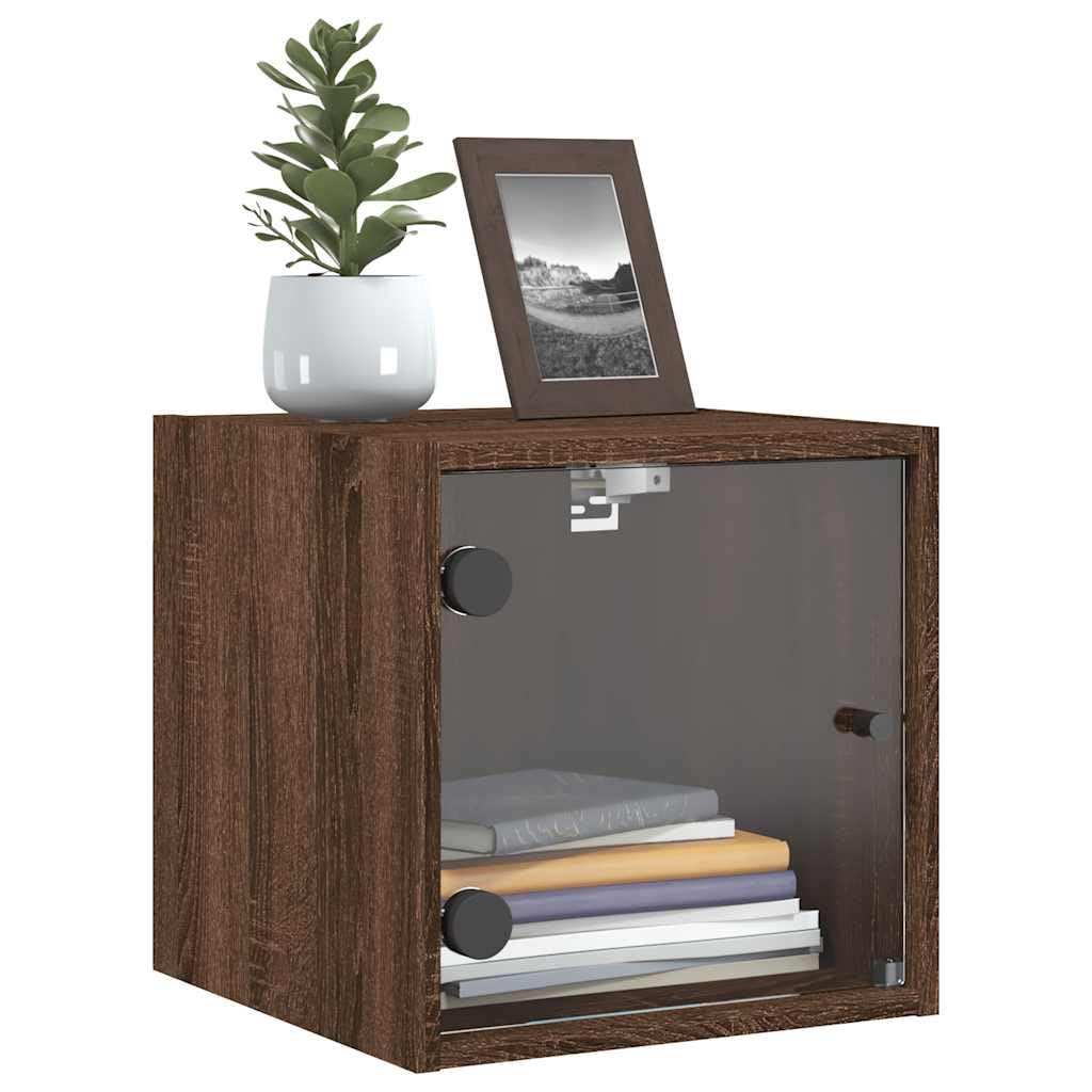Mesillas de noche con puertas de cristal, 2 unidades, aspecto de roble marrón, 35 x 37 x 35 cm, mesita de noche para dormitorio, mesa auxiliar moderna para salón, dormitorio, estudio