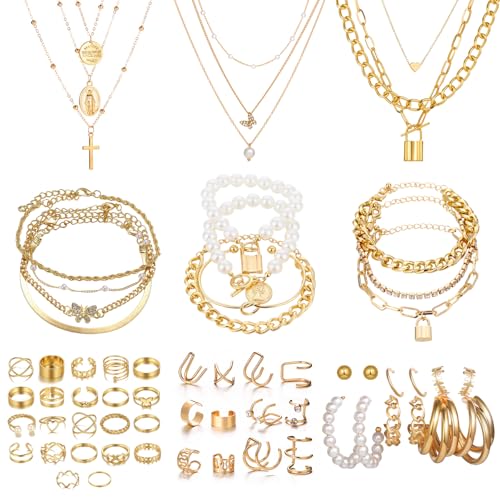 JSTHHTT Joyas de Mujer, Set de 60 Piezas, Conjunto de Joyas de Oro Para Mujer, Collar, Pulseras, Anillos de Nudillo, Ear Cuffs, Pendiente, Joyería y Colgante para Mujeres, Oro
