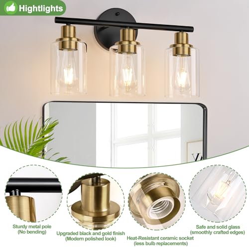 3-Light Bathroom Light Fixtures, Black and Gold Bathroom Wall Lights, Modern Vanity Light with Clear Glass Shade, Bathroom Wall Lamp for Mirror Kitchen Bedroom Hallway Cabinet