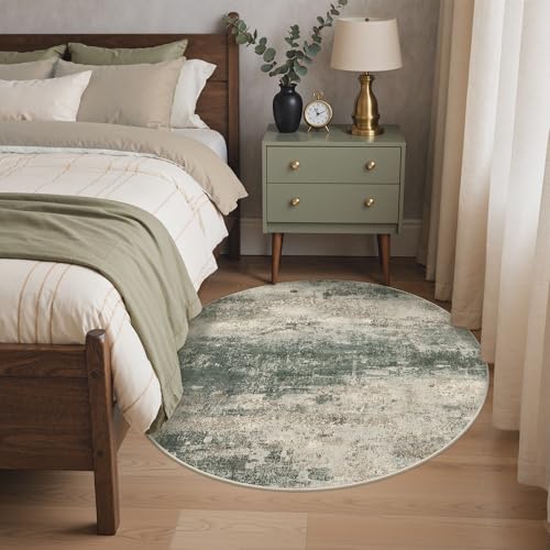 Image of BEIMO Round Rugs 5FT for Living Room Bedroom, Modern Abstract Machine Washable Circle Rug, Soft Low Pile Floor Cover with Non Slip Backing for Dining Room, Grey /Dark Green