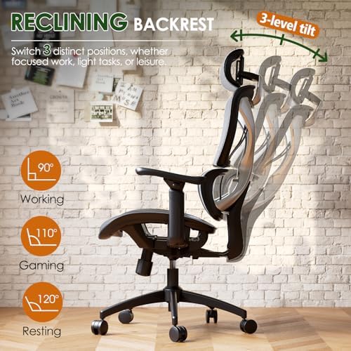 GABRYLLY Ergonomic Office Chair, Big and Tall Mesh Chair with Lumbar Support, 3D armrest - 215° Rotation, Adjustable Headrest & Soft Seat, Durable Desk Chair 350LBS for Work Gaming Computer,Grey - 5