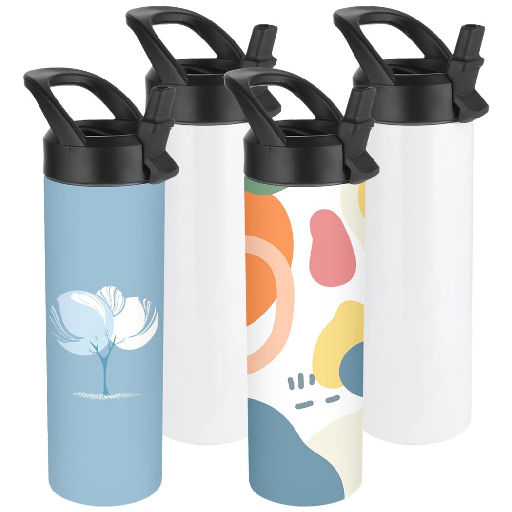 Generisch 4 Stk. Sublimationsbecher, 20 oz schlanke gerade Sport-Trinkflaschen mit Strohhalmdeckel und Tragegriff, blanke Edelstahlbecher mit doppelwandiger Isolierung für DIY