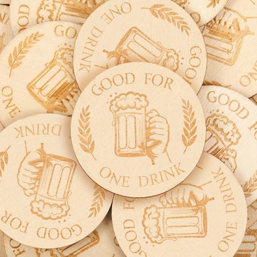 Image of Marsui 100 Pcs Wooden Drink Tokens Bulk for Wedding Personalised Drink Tickets Poker Chips for Guest Wedding Favors Beverage Birthday Oktoberfest Party Bar Table Decoration Supplies(Beer Cup Pattern)