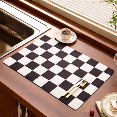 Image of HomeCloud Dish Drying Mat for Kitchen Counter Hide Stain Super Absorbent, Non-Slip, Heat-Resistant, Great for Dishes,Rack Pad, Kitchen Counter, Coffee Maker, Coffee Item (Chess Black, 50x40cm)