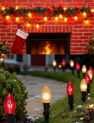 Image of C9 Red and White Christmas String Lights 25Ft C9 Outdoor Christmas Decorations Lights with 26 Red Frosted White Bulbs, Vintage Christmas Light Waterproof for Patio Roofline Party Holiday Garden