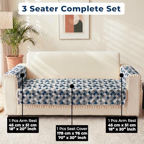 Image of Story@Home Quilted Anti Slip Sofa Cover Mat with 2 Armrest Cover, 3 Seater Velvet Sofa Protector with Tassels | Sofa Cover Mat for 1 /2 /3 Seater & L-Shape Sofa - 76 x 178 Cm - Grey & Cyan