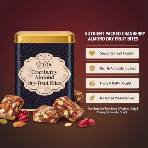 Image of LILA DRY FRUITS Dry Fruit Bites 200 gms Cranberry Almond Dry Fruits Barfi | Dates, Almonds & Dried Cranberries with Desi Ghee | Soft Energy Snack Bites Natural Sweet Snack for Anytime Munching Perfect for Gifting