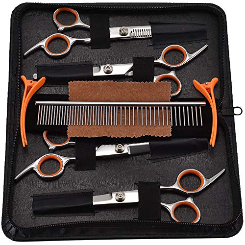 PETTOM Pet Grooming Scissors Set 5-in-1 Dog Grooming Kit Sharp Durable Stainless Steel Safety Round Tip Trimming Long Short-haired Dog Cats other fur pets Salon Cut (Orange)