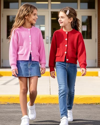 Image of Girls Cardigan Chunky Knit Uniform Sweater with Pockets 5-14Y