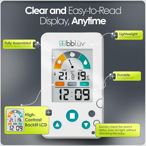 Bblüv Igrö 2-in-1 - Thermomètre numérique intérieur et hygromètre - Humiditémètre pour chambre bébé avec alarme - Portable, convivial - Idéal pour la maternelle, la maison ou le voyage