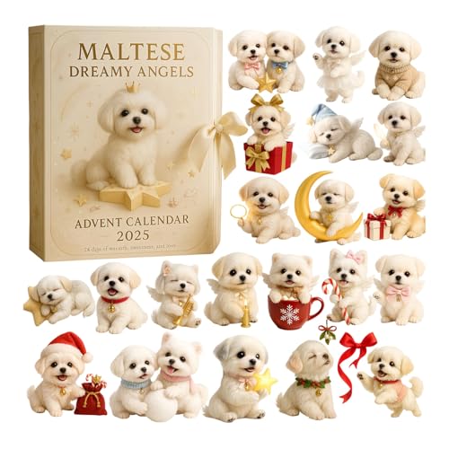 Malteser Dreamy Angels Adventskalender 2025 - 24 Tage bezaubernder Malteser Hund Ornamente, 2D Acryl Weihnachten Countdown Dekorationen, Urlaub Box Geschenk für Hundeliebhaber & Haustierbesitzer