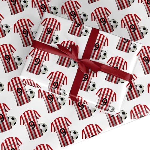 Red White Striped Personalised Football Shirt Wrapping Paper Custom Birthday Gift Wrap - For Him Mens Dad Fathers Day Christmas Boys Kids Adult - Any Name & Number - 1 Sheet (50cm x 65cm)