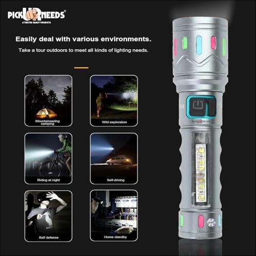 Image of Pick Ur Needs Aluminum Body Rechargeable 100W Home Emergency Torch Light with 3 Mode + Side White, Red & Blue Strobe COB Telescopic Zoom Adjustable