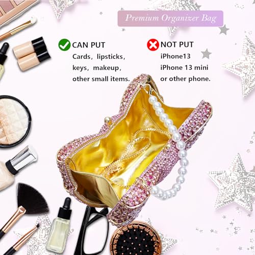 Image of Handmade Inlay Rhinestone Bow Clutch Bag for Women, Sparkling Evening Party Wedding Purse with Detachable Pearl Chain