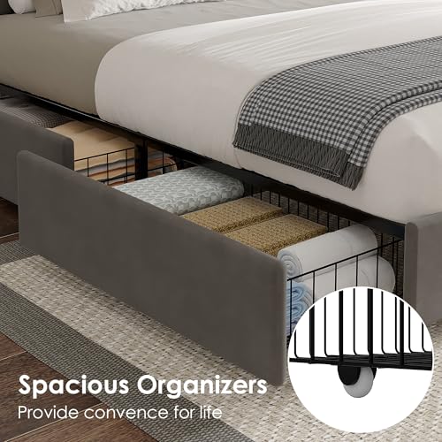 Image of VECELO Queen Size Upholstered Bed Frame with 4 Storage Drawers, Adjustable Velvet Rivet Decor Headboard, Wooden Slats Platform Support, No Box Spring Needed, Easy Assembly,Dark Grey