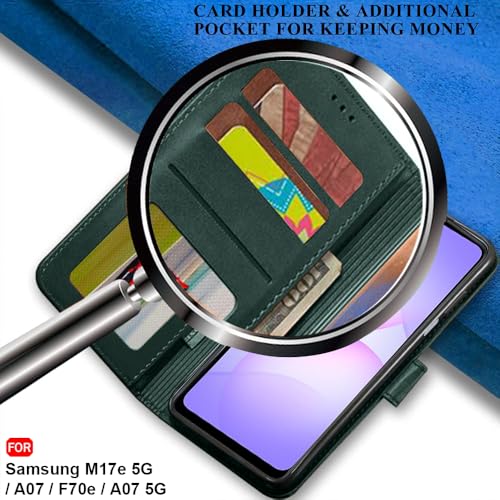 Image of TheGiftKart Flip Cover Back Case for Samsung Galaxy M17e 5G / A07 / F70e / A07 5G | Genuine Leather Finish | Designer Button | Inbuilt Pockets & Stand | Flip Back Cover Case (Faux Leather, Green)