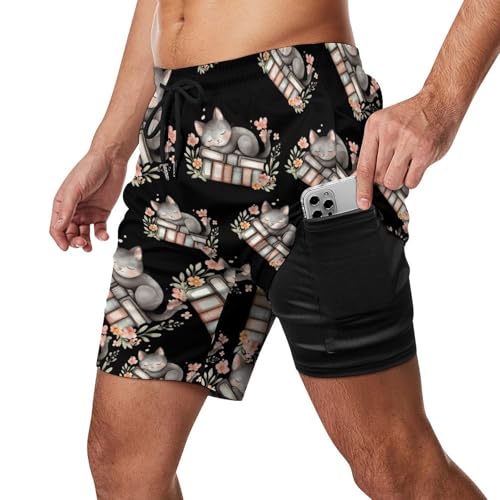 Pantalones cortos de playa con estampado original de gatos durmiendo sobre libros 2