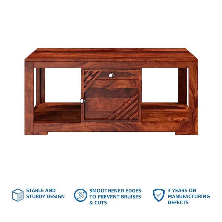 Image of Solid sheesham Wood Coffee Table for Living Room & Office|Wooden Center Table with Drawer and Door Storage Luxury and Style (Honey Finish)
