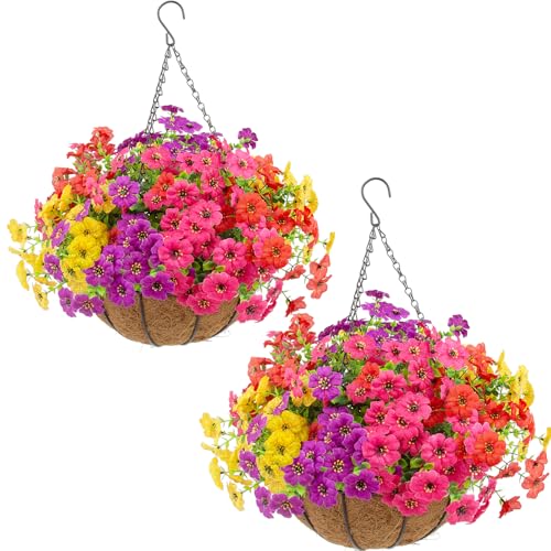 Hananona 2 Set Artificial Outdoor Flowers with Hanging Basket, 2 Hanging Planters with 24 Pcs...