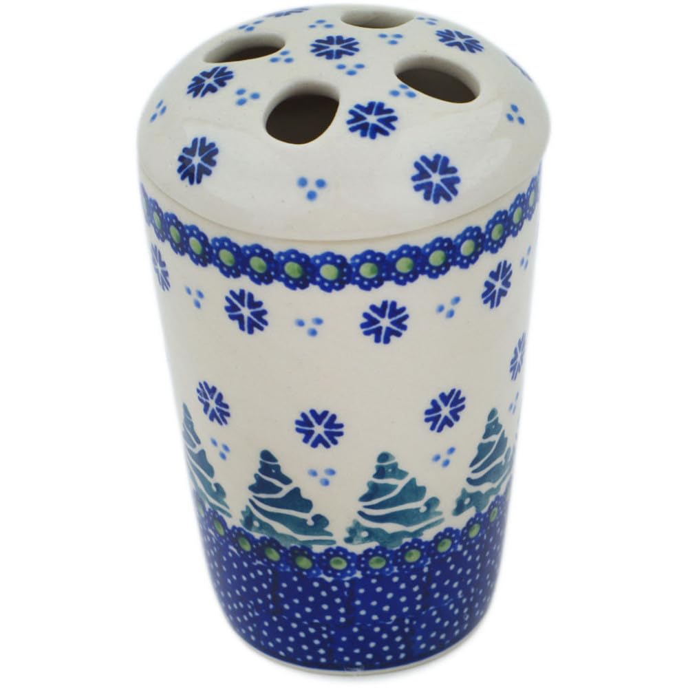 Authentic Polish Pottery Toothbrush Holder in Falling Snowflakes Design Handmade in Boles?awiec Poland + Certificate of Authenticity