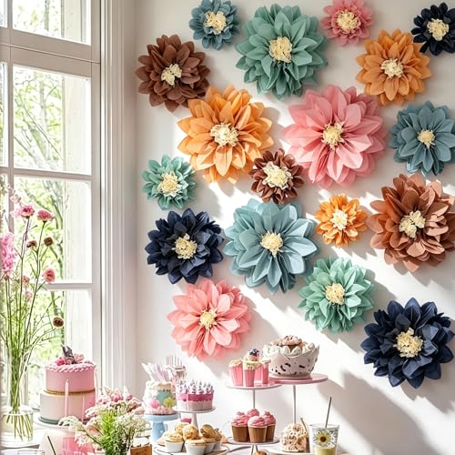Image of Geyee 18 Pcs Mexican Paper Flowers Colorful Fiesta Tissue Paper Flowers Pom Poms Mexican Carnival for Floral Party Backdrop Wedding Birthday Party Craft(Boho Color,6 inch 8 inch 10 inch)