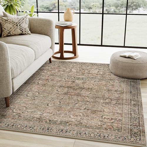 4x6 Washable Area Rug Brown Vintage Distressed Entryway Kitchen Non Slip Low Pile Throw Rug Living Room Bedroom Indoor Doormat Soft Carpet for Entrance Dining Room Office Bathroom