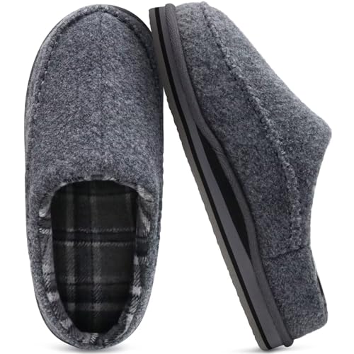 KuaiLu Mens Memory Foam Clog Felt Slippers Comfy Handmade Stitch Microsuede Slip-on House Shoes With Arch Support Warm Fabric Lined Rubber Sole Indoor Outdoor Grey 9