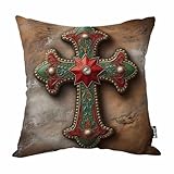 Mugod Cross Pillow Cover Tooled Leather Western Decor Turquoise and Brown 18