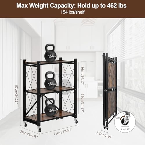 Image of 3 Tier Folding Shelf with Wheels, Wood and Metal Bookshelf | No Assembly Foldable Storage Shelves, Vintage Storage Rack for Living Room, Bedroom, and Home Office