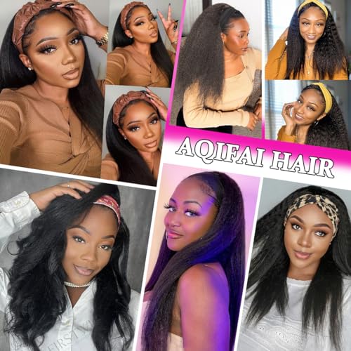 Image of Headband Wig Human Hair 12A Kinky Straight 14 Inch Yaki Straight Headband Wig 200% Density Glueless None Lace Front Wigs for Women Machine Made Wear and Go Wigs Headband Half Wigs Natural Color