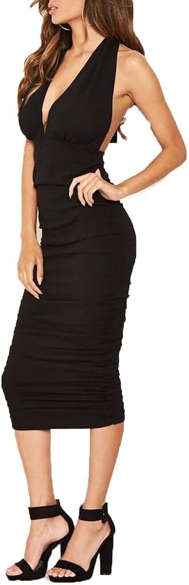 AxParisAX Paris Womens Black Ruched Solid Sleeveless V Neck Below The Knee Body Con Cocktail Dress Size 14