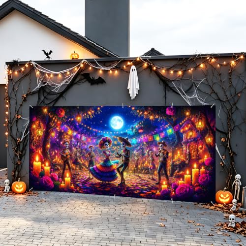 Image of Halloween Garage Door Decorations 7 x 16 ft, Skeleton Dance Cover
