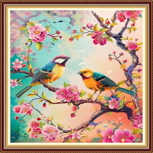Image of Fanxvivy Stamped Counted Cross Stitch Kits for Adults Printed Cross-Stitch Patterns 11CT Stamped or Counted Cross Stitching Embroidery Kit Needlepoint Kits-Birds Speak Fragrance of Flowers 18x18 inch