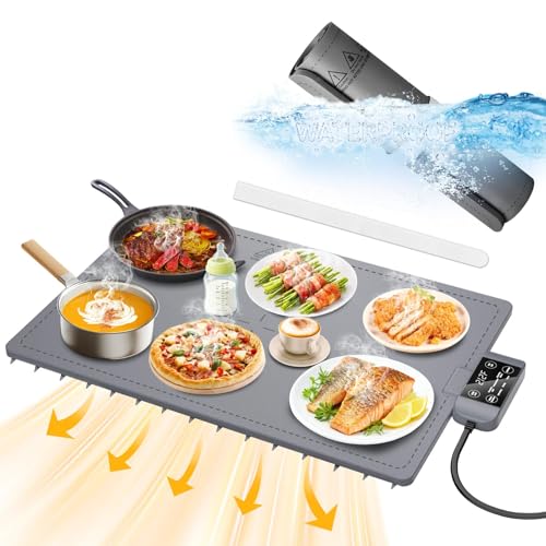 Waterproof Electric Food Warming Mat, Food Grade Silicone Warming Tray with 17 Temp Setting and 6 Hours Timer, Full Surface Warming Mat for Food, Roll Up Food Warmer Mat for Parties (Dark Gray)