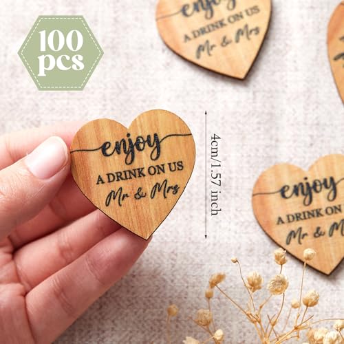 Image of Marsui 100 Pcs Wooden Drink Tokens Bulk for Wedding Personalised Drink Tickets Poker Chips for Guest Wedding Favours Beverage Birthday Parties Bar Table Decoration Supplies (Heart Shape)