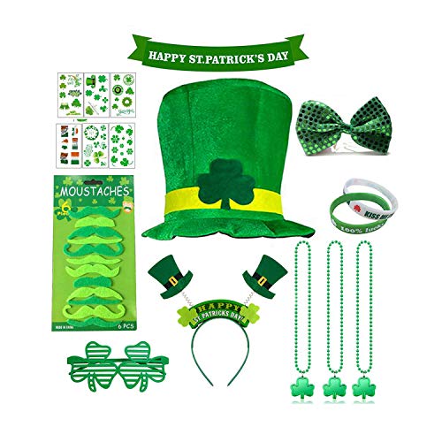 St Patrick's Day 69Pcs Accessory Set Irish Party- Includes St. Patty's Day Green Shamrock Hat, Bead Necklaces, Silicone Rubber Bracelets, False Moustache, Shamrock Shaped Glasses, Bow Tie