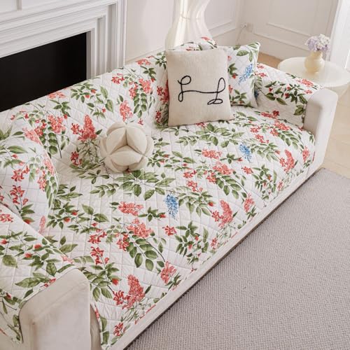 Image of HOMETHREADS Premium Style Anti Slip Sofa Cover Set | Cotton Sofa Slipcover | 1Pc Front Cover with Attached Armrest + 1Pc Back Cover (Leave Green Flower, 1 Seater | 63x185cm)