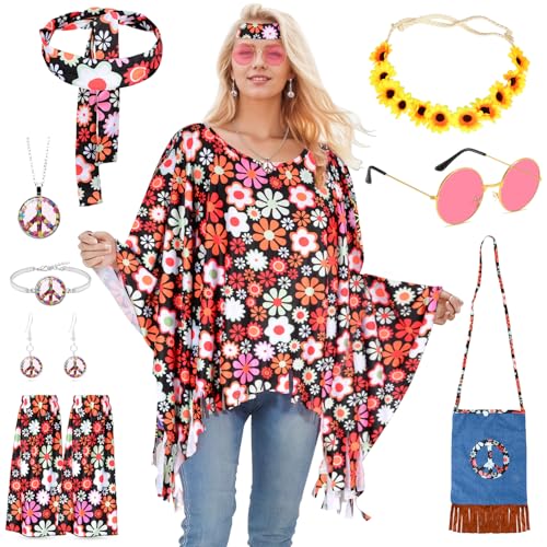 TOYTOPIE Disfarce hippie mulher, 9 peças disfarce anos 70 mulher, disfarce carnaval mulher com capa hippie, mala de ombro colorida, óculos de sol, disfarce hippie retro discoteca anos 60 70 para festa carnaval